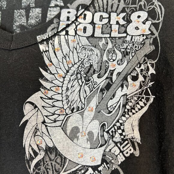 Vintage Black Mini Dress Tunic Top Rock Swarovski Rhinestone Retro Winged Guitar - Picture 6 of 12